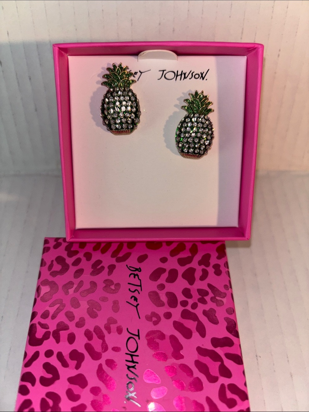 Betsey Johnson Green Crystal Pineapple Stud Earrings with Clear Rhinestones